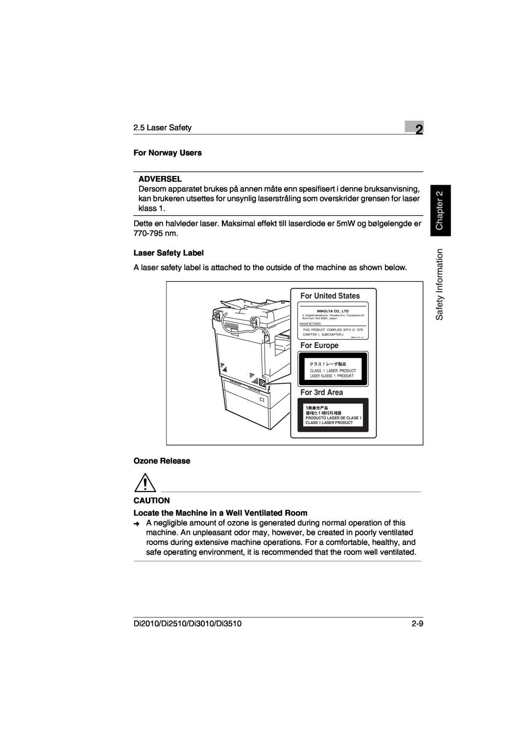 Minolta DI2510 Safety Information Chapter, For Norway Users, Adversel, Laser Safety Label, For United States, For Europe 