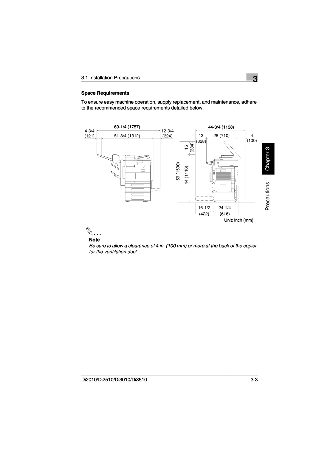 Minolta DI2510, DI2010, DI3010, Di3510 user manual Precautions Chapter, Space Requirements 
