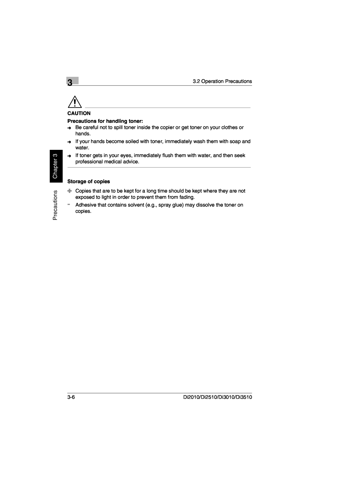 Minolta Di3510, DI2510, DI2010, DI3010 user manual Precautions Chapter, Precautions for handling toner, Storage of copies 