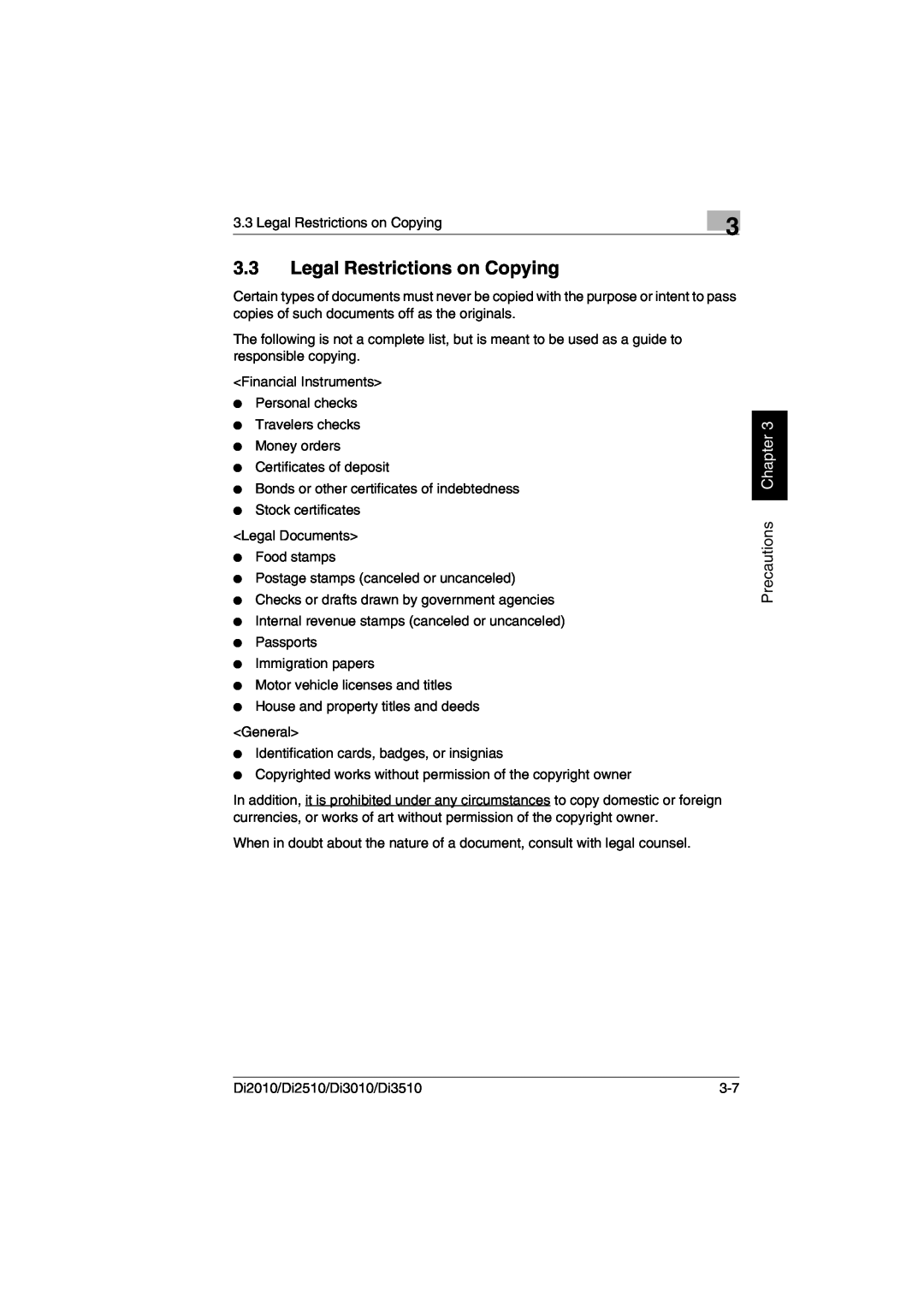 Minolta DI2510, DI2010, DI3010, Di3510 user manual Legal Restrictions on Copying, Precautions Chapter 