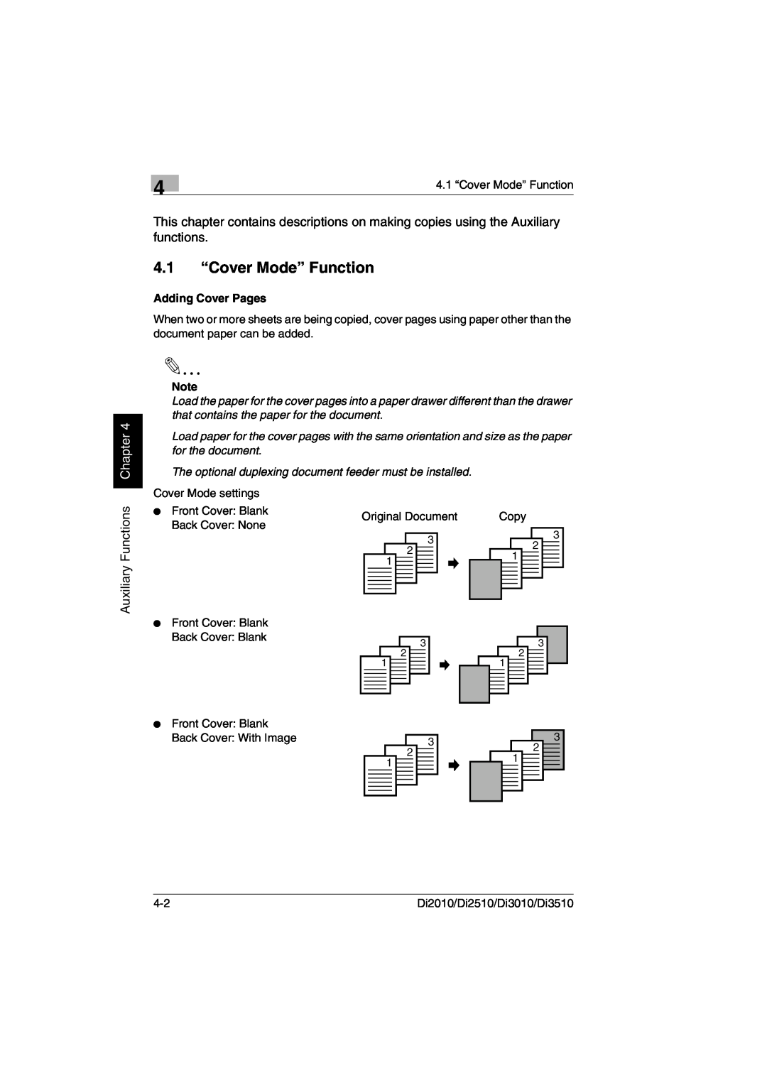 Minolta Di3510, DI2510, DI2010, DI3010 user manual 4.1 “Cover Mode” Function, Chapter, Auxiliary Functions 
