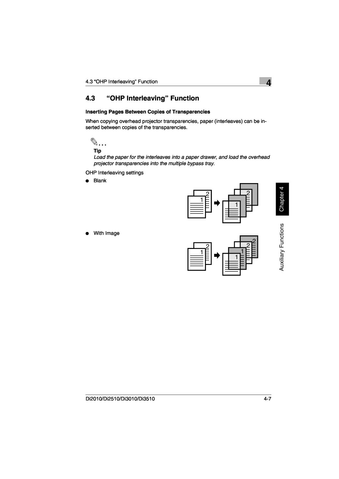 Minolta DI2510, DI2010, DI3010, Di3510 user manual 4.3 “OHP Interleaving” Function, Auxiliary Functions Chapter 