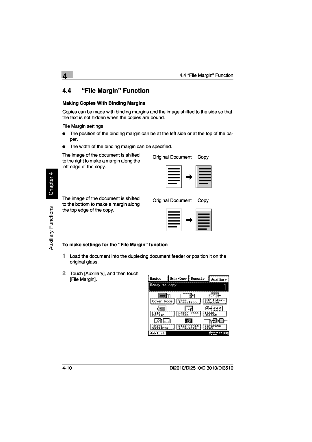 Minolta Di3510, DI2510, DI2010 4.4 “File Margin” Function, Auxiliary Functions Chapter, Making Copies With Binding Margins 