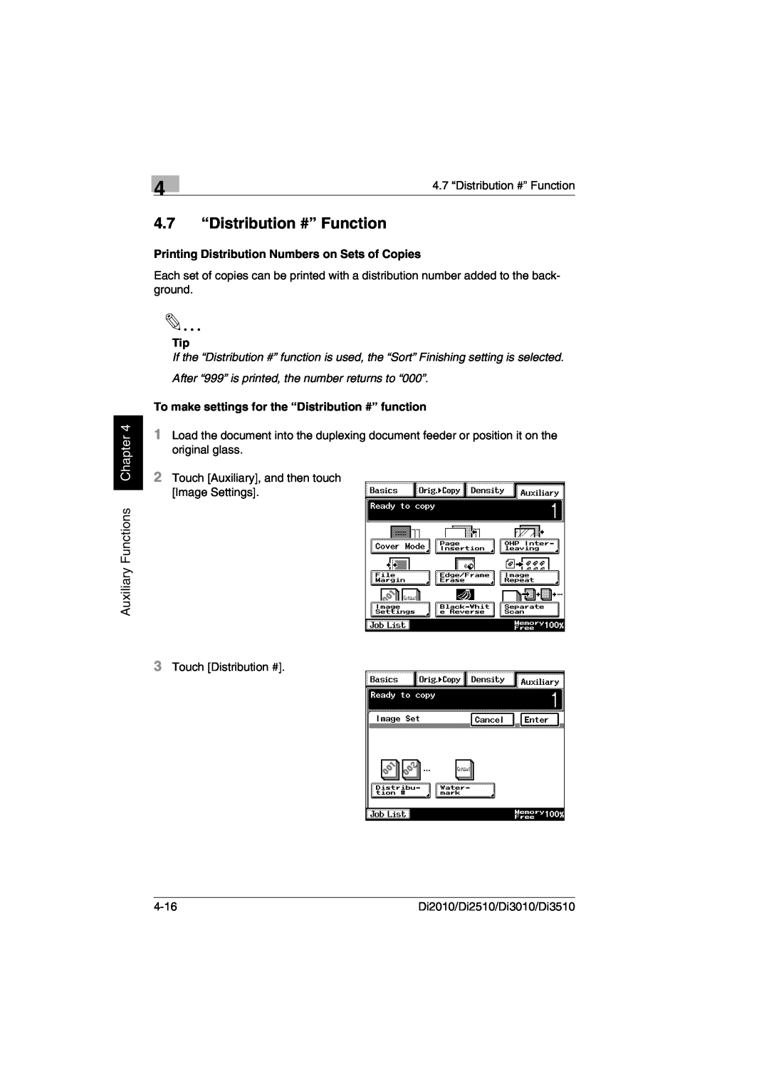 Minolta DI2010, DI2510, DI3010, Di3510 user manual 4.7 “Distribution #” Function, Auxiliary Functions Chapter 