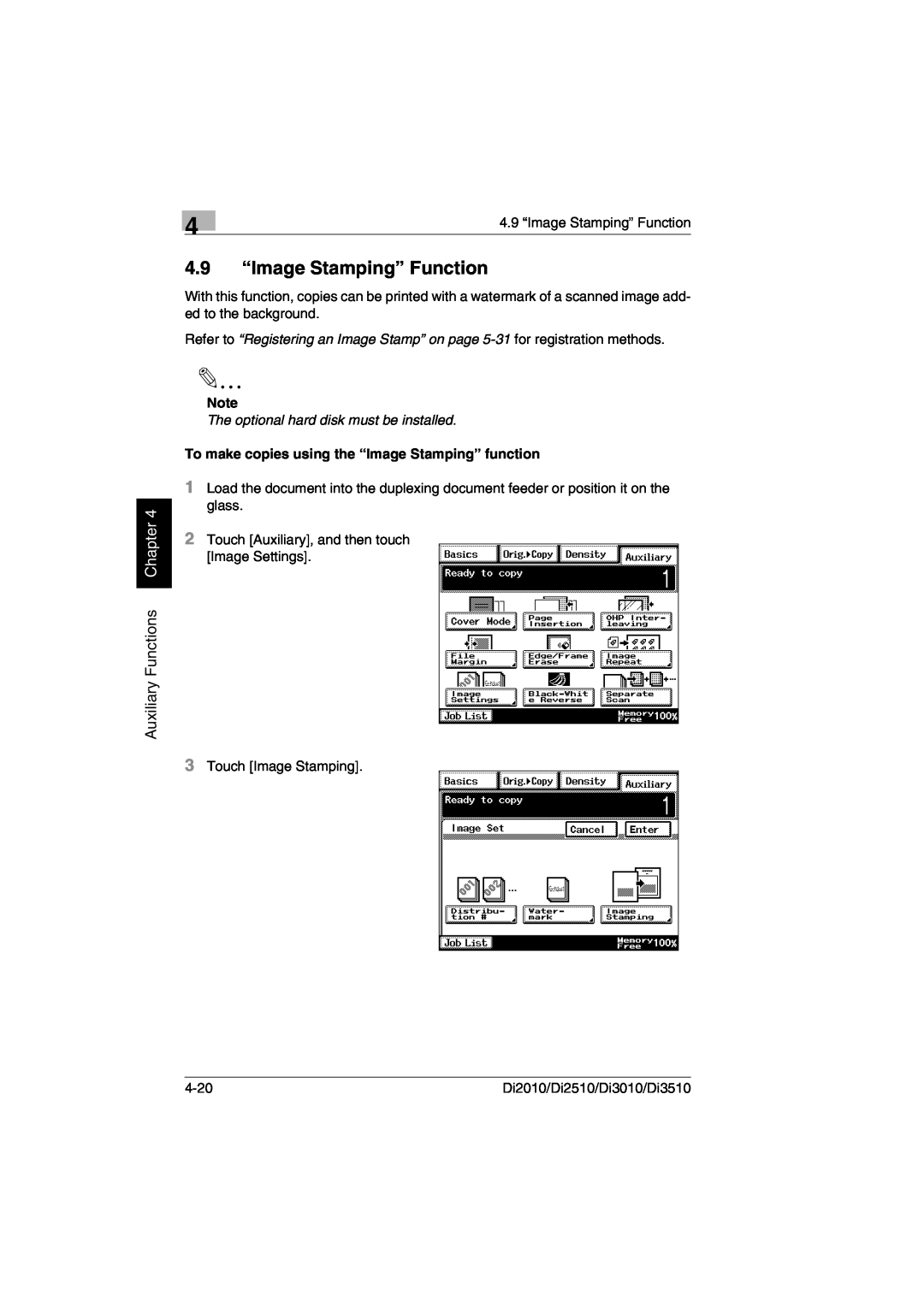 Minolta DI2010, DI2510, DI3010, Di3510 user manual 4.9 “Image Stamping” Function, Auxiliary Functions Chapter 