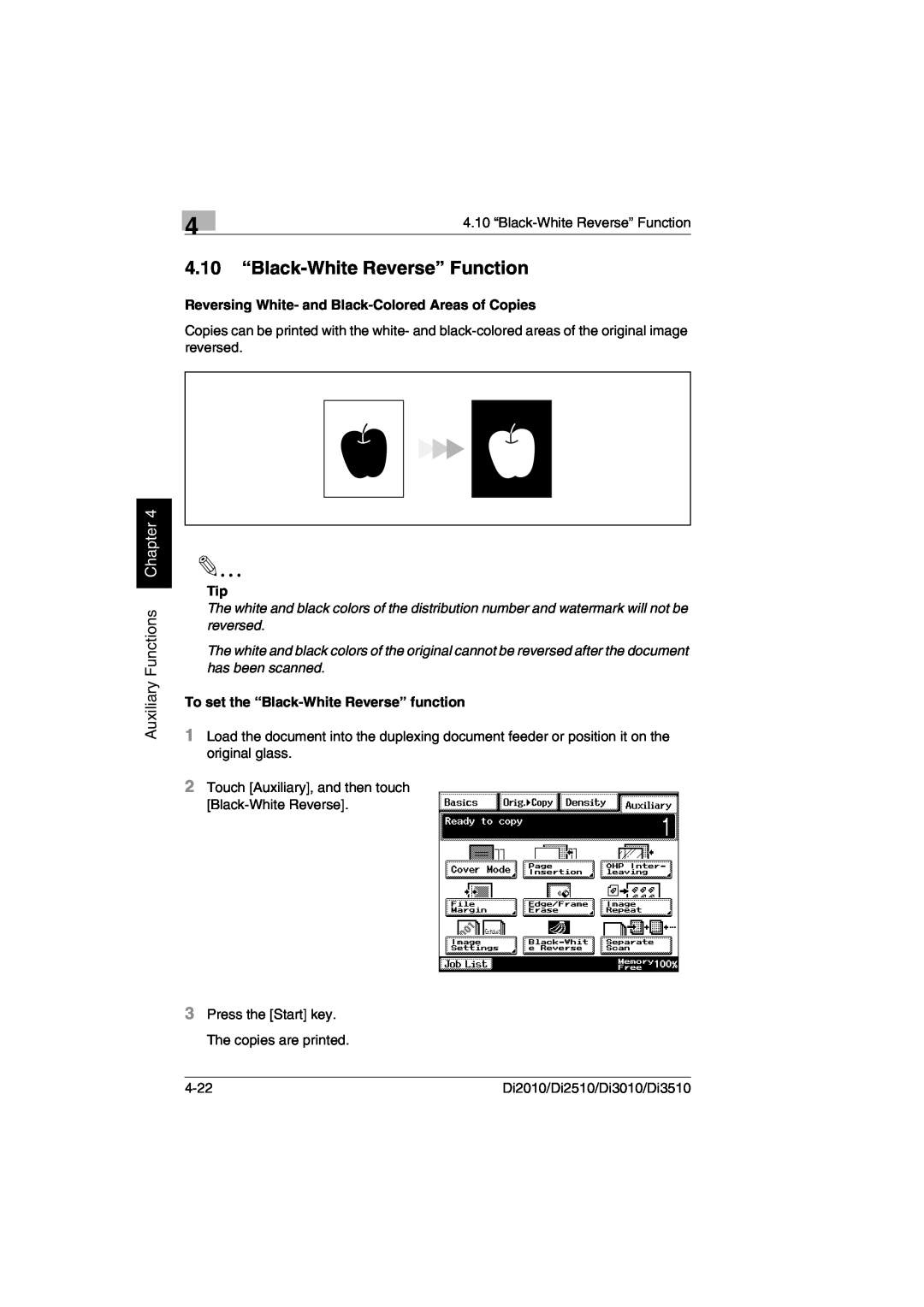 Minolta Di3510, DI2510, DI2010, DI3010 user manual 4.10 “Black-White Reverse” Function, Auxiliary Functions Chapter 