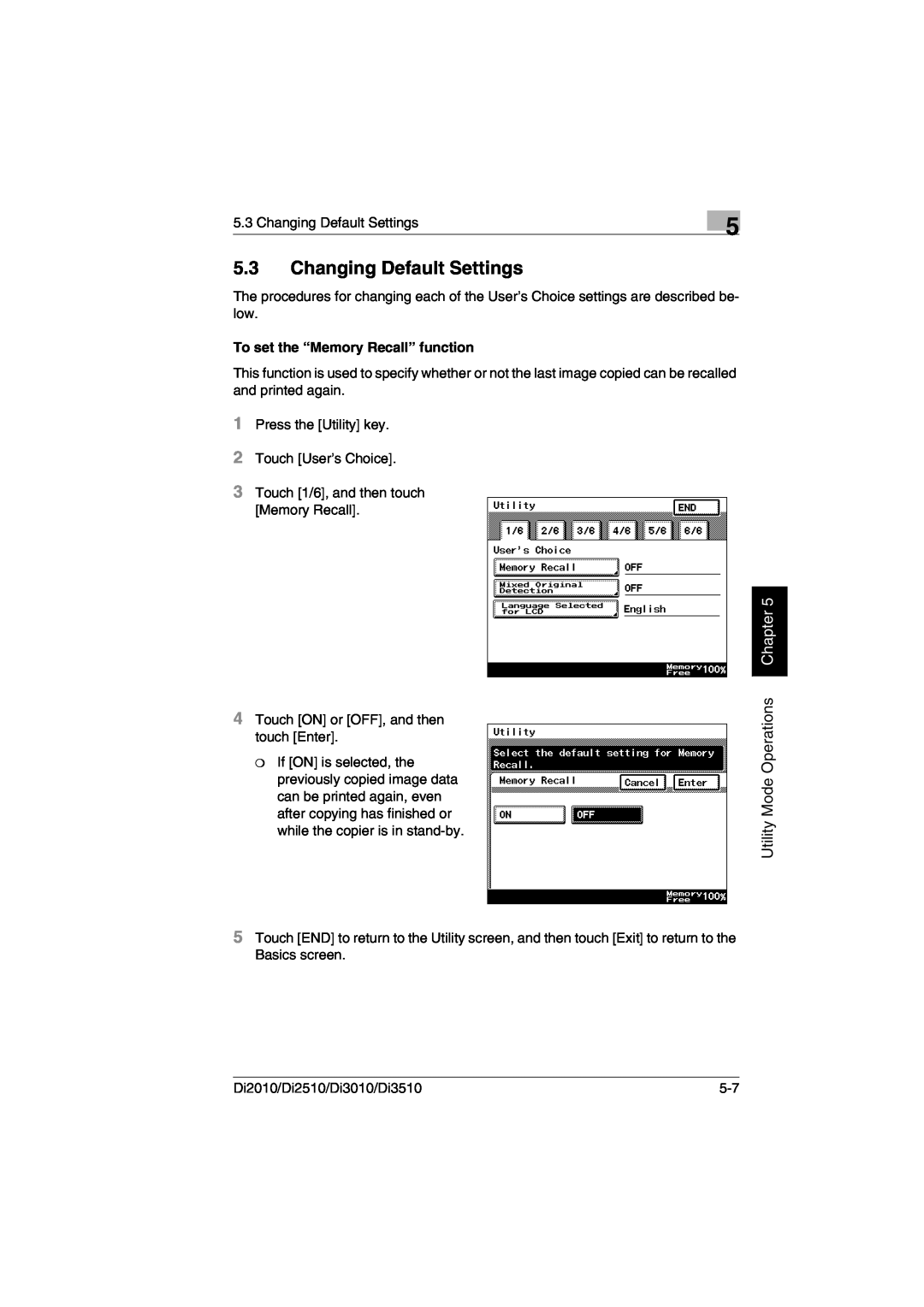 Minolta DI2510, DI2010, DI3010, Di3510 user manual Changing Default Settings, Utility Mode Operations, Chapter 