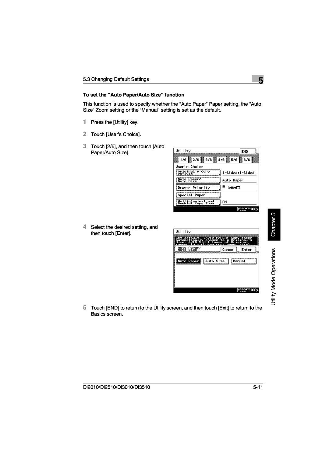 Minolta DI2510, DI2010, DI3010, Di3510 user manual Utility Mode Operations Chapter, To set the “Auto Paper/Auto Size” function 