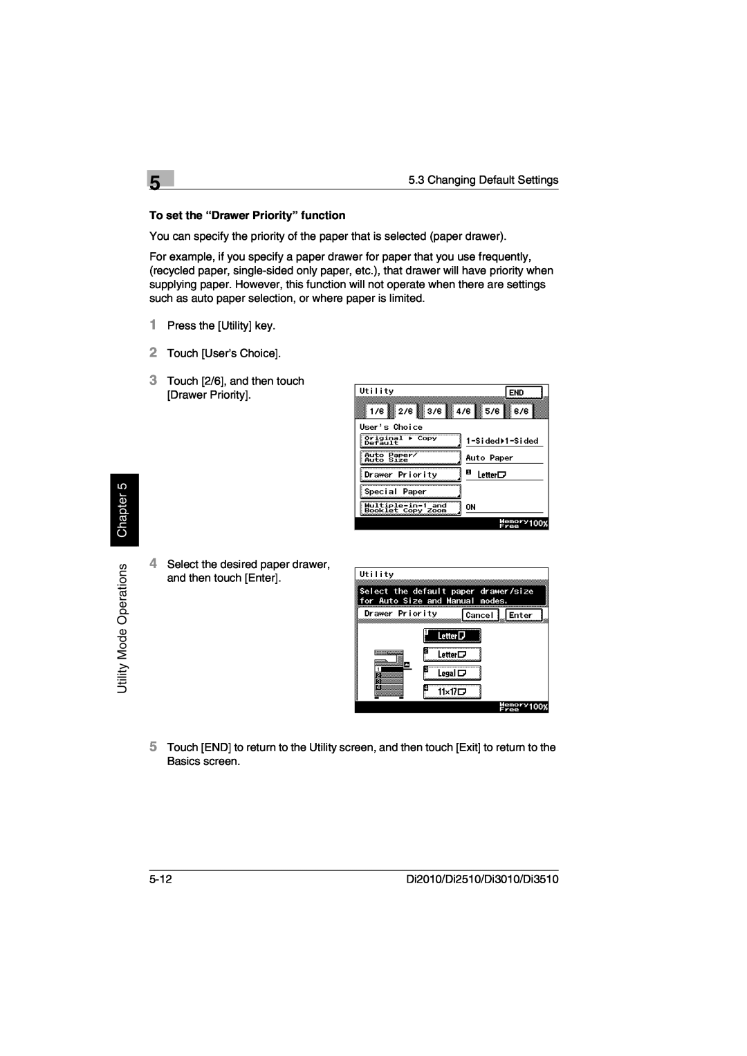 Minolta DI2010, DI2510, DI3010, Di3510 user manual Utility Mode Operations Chapter, To set the “Drawer Priority” function 