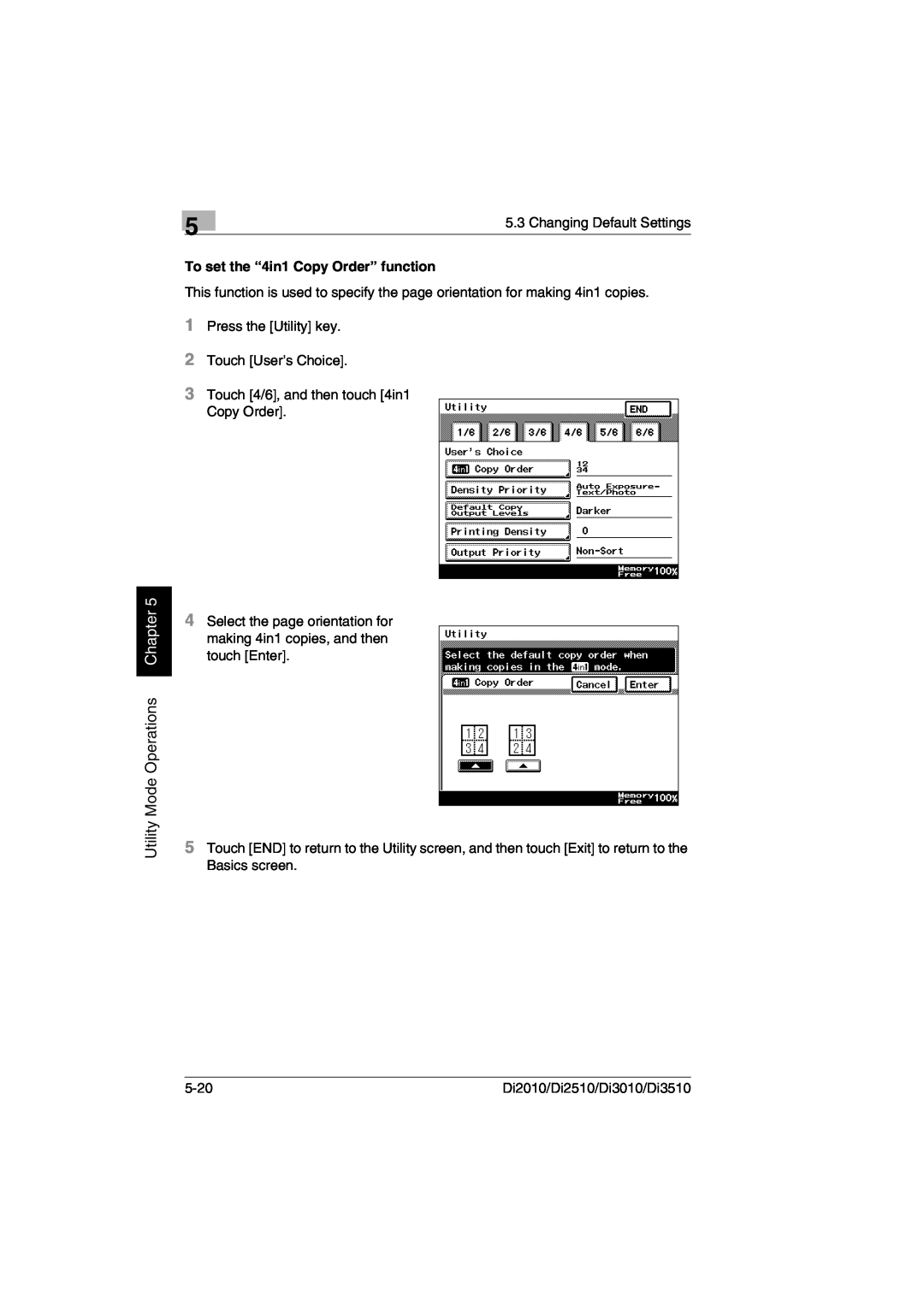 Minolta DI2010, DI2510, DI3010, Di3510 user manual Utility Mode Operations Chapter, To set the “4in1 Copy Order” function 