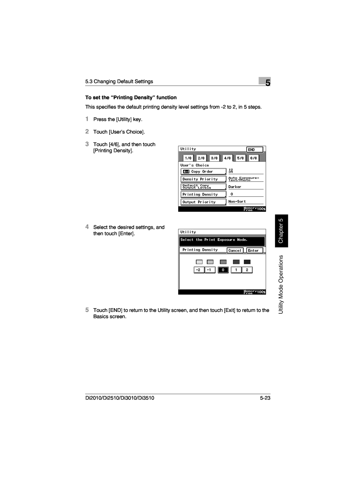 Minolta DI2510, DI2010, DI3010, Di3510 user manual Utility Mode Operations Chapter, To set the “Printing Density” function 