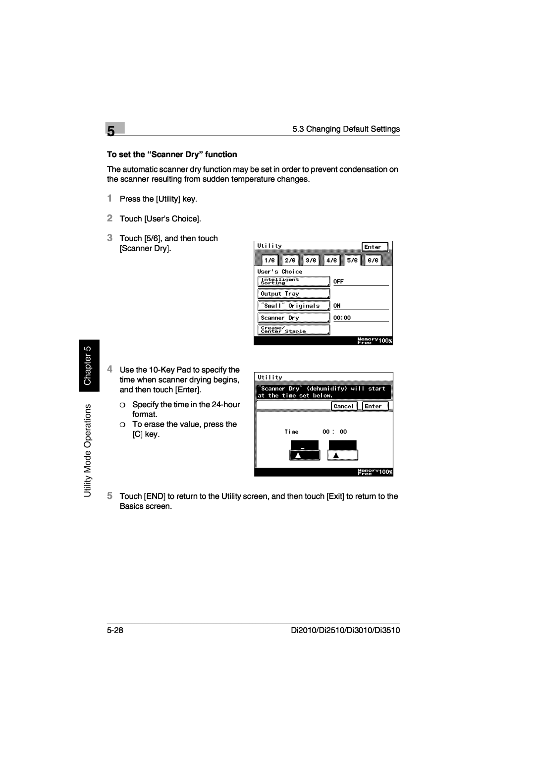 Minolta DI2010, DI2510, DI3010, Di3510 user manual Utility Mode Operations Chapter, To set the “Scanner Dry” function 