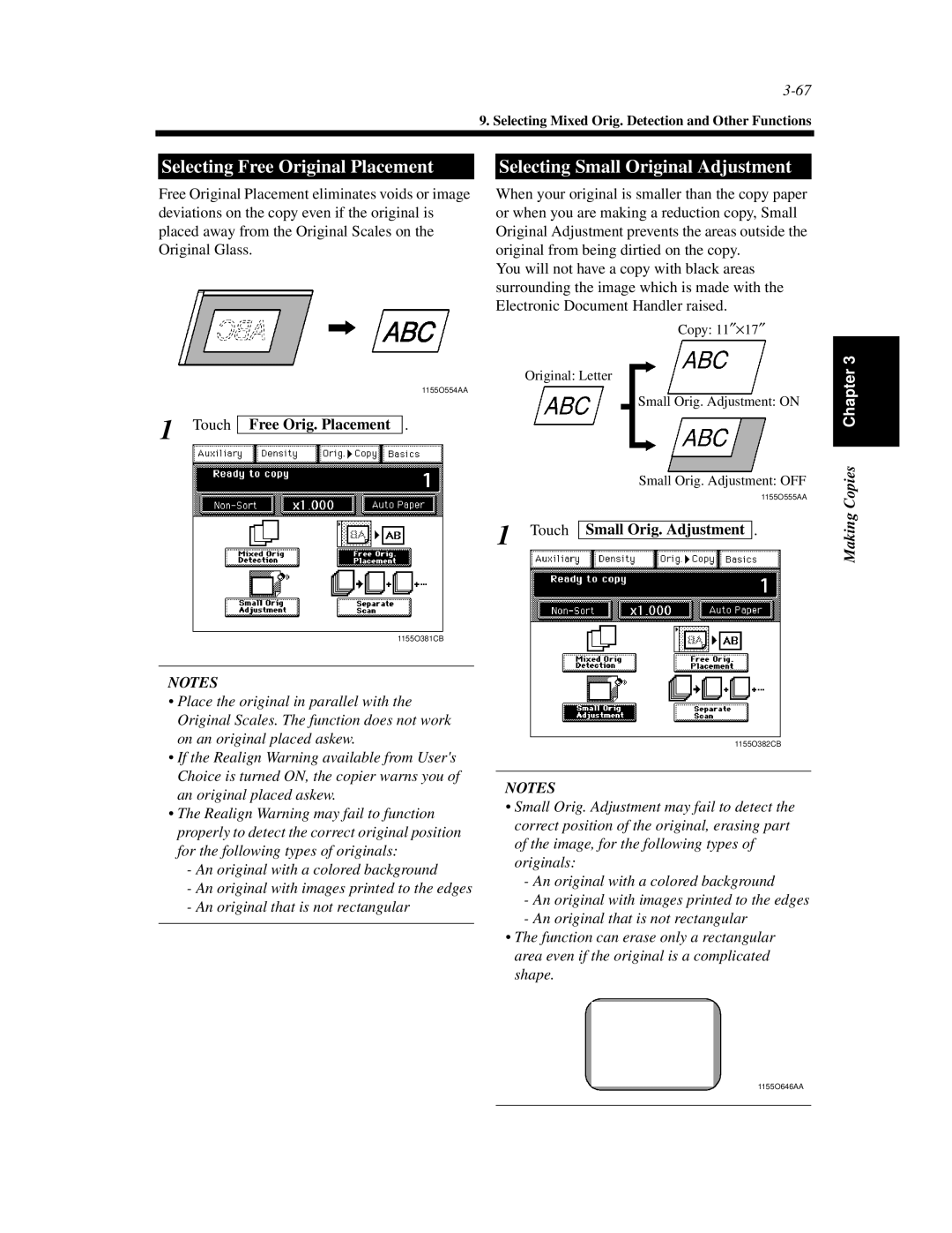 Minolta Di620 manual Touch Free Orig. Placement, Touch Small Orig. Adjustment 
