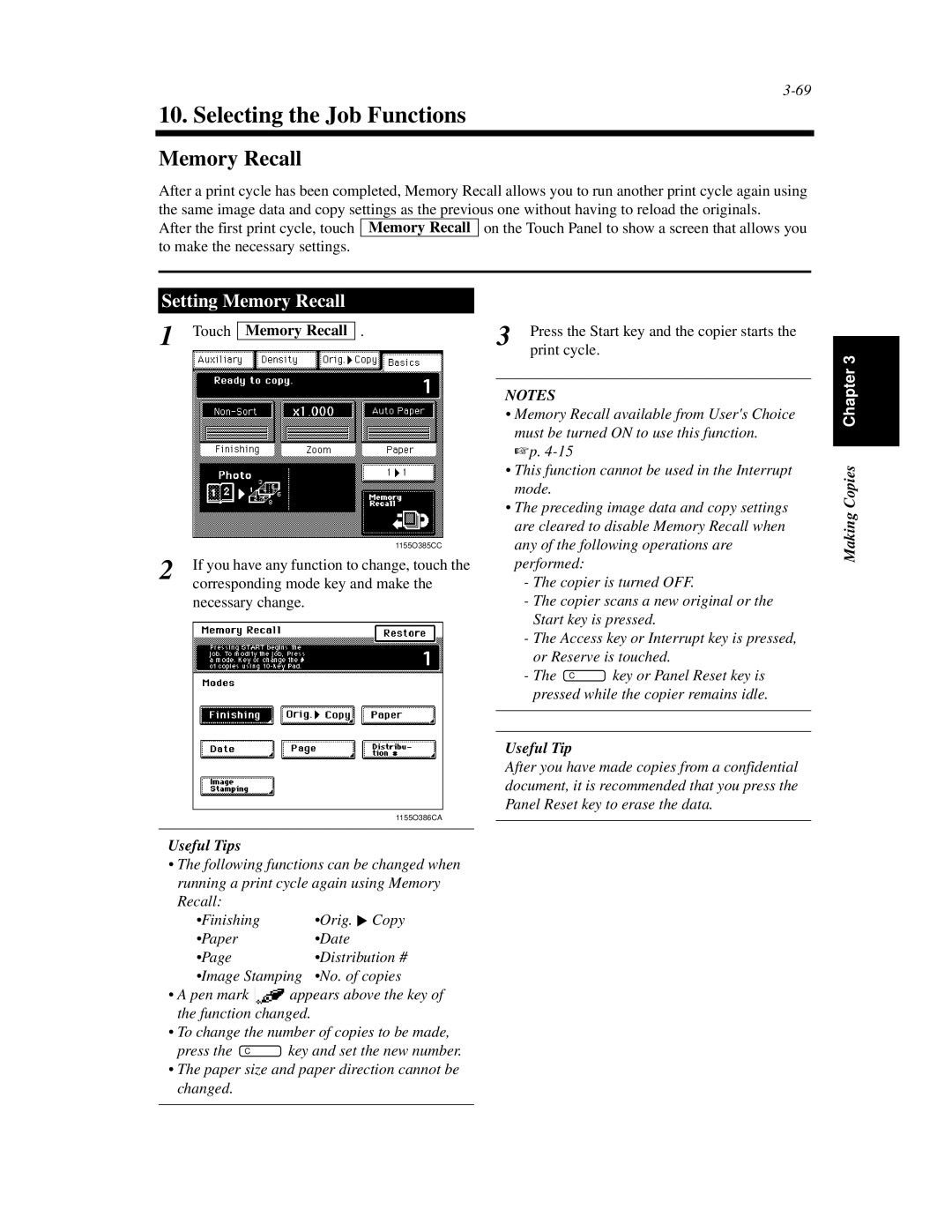 Minolta Di620 manual Selecting the Job Functions, Setting Memory Recall, Touch Memory Recall 