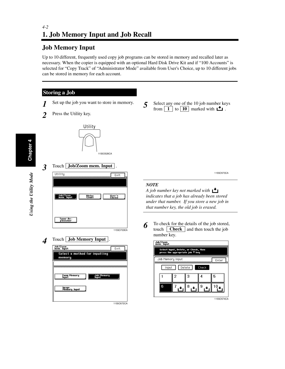 Minolta Di620 manual Job Memory Input and Job Recall, Storing a Job, Using the Utility Mode 