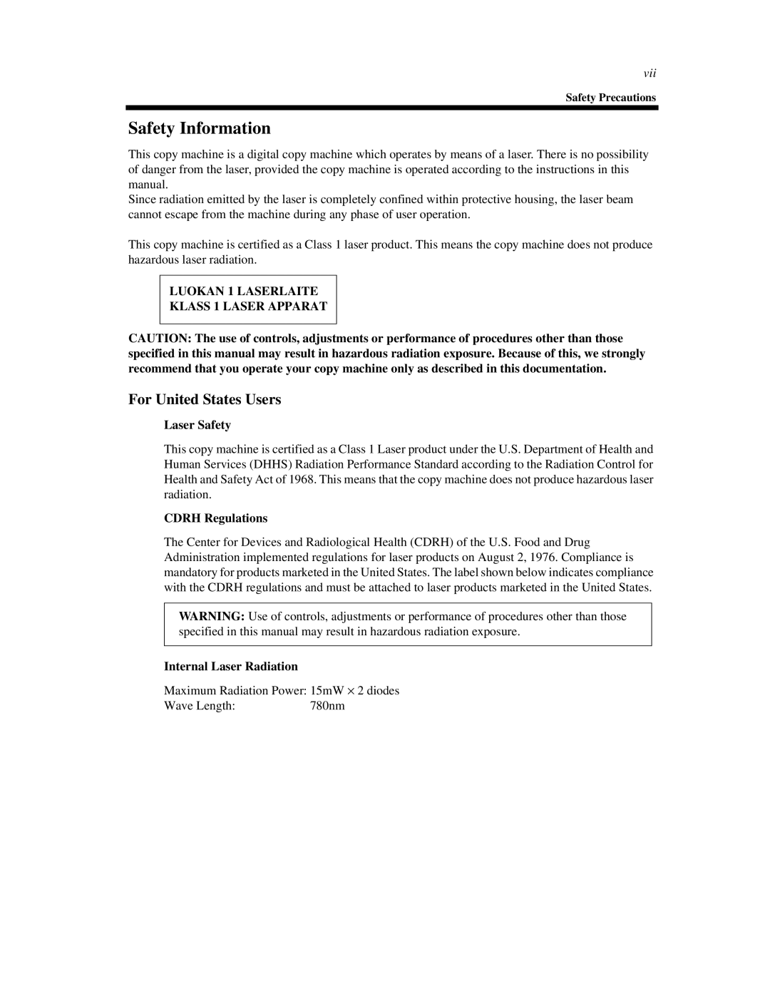 Minolta Di620 manual Safety Information, For United States Users, Laser Safety, Cdrh Regulations, Internal Laser Radiation 