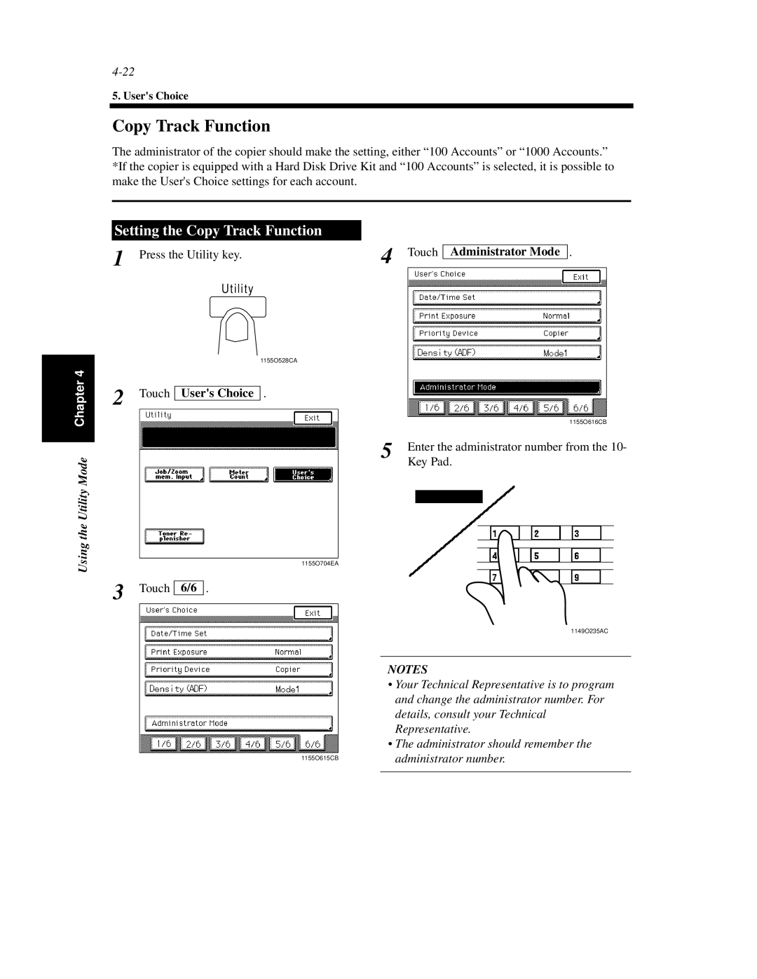 Minolta Di620 manual Setting the Copy Track Function, Touch Administrator Mode 