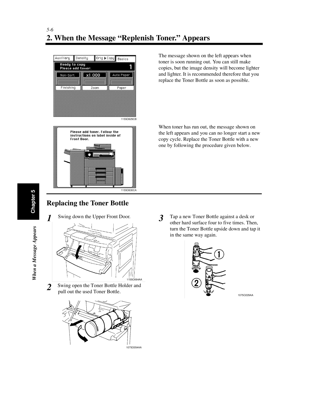 Minolta Di620 manual When the Message Replenish Toner. Appears, Replacing the Toner Bottle 