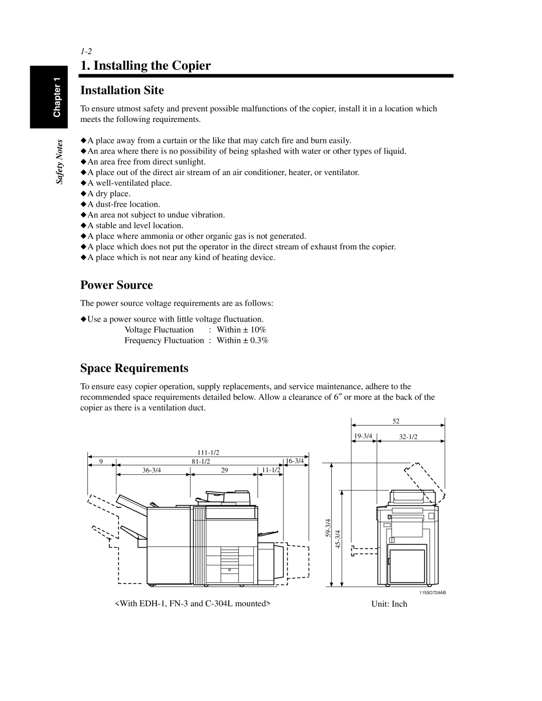 Minolta Di620 manual Installing the Copier, Installation Site, Power Source, Space Requirements 