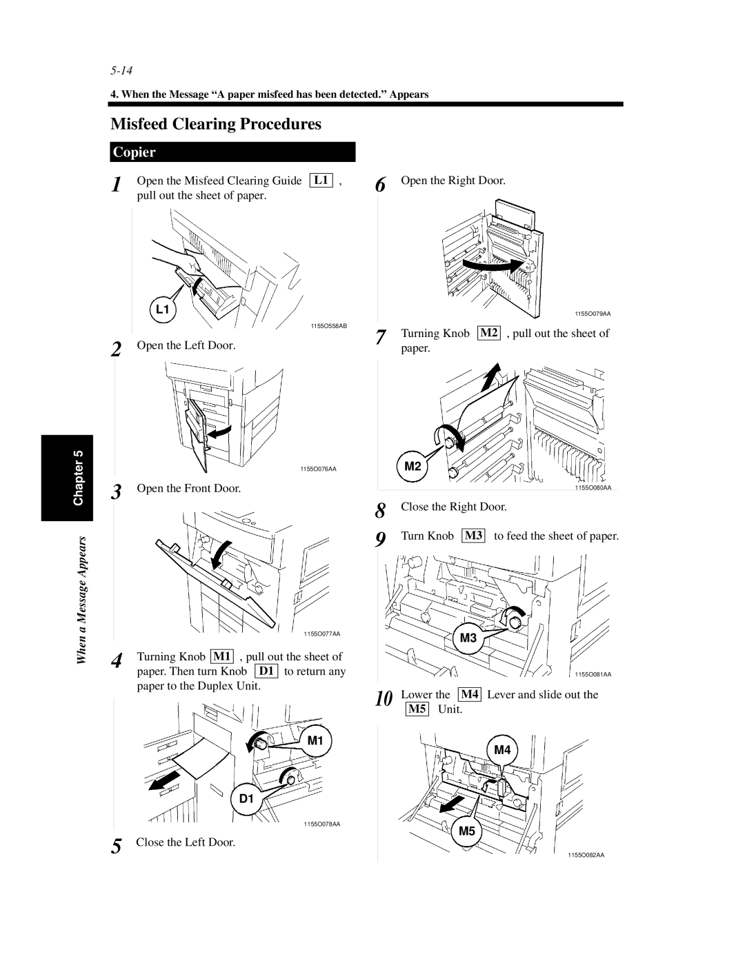 Minolta Di620 manual Misfeed Clearing Procedures, Copier 