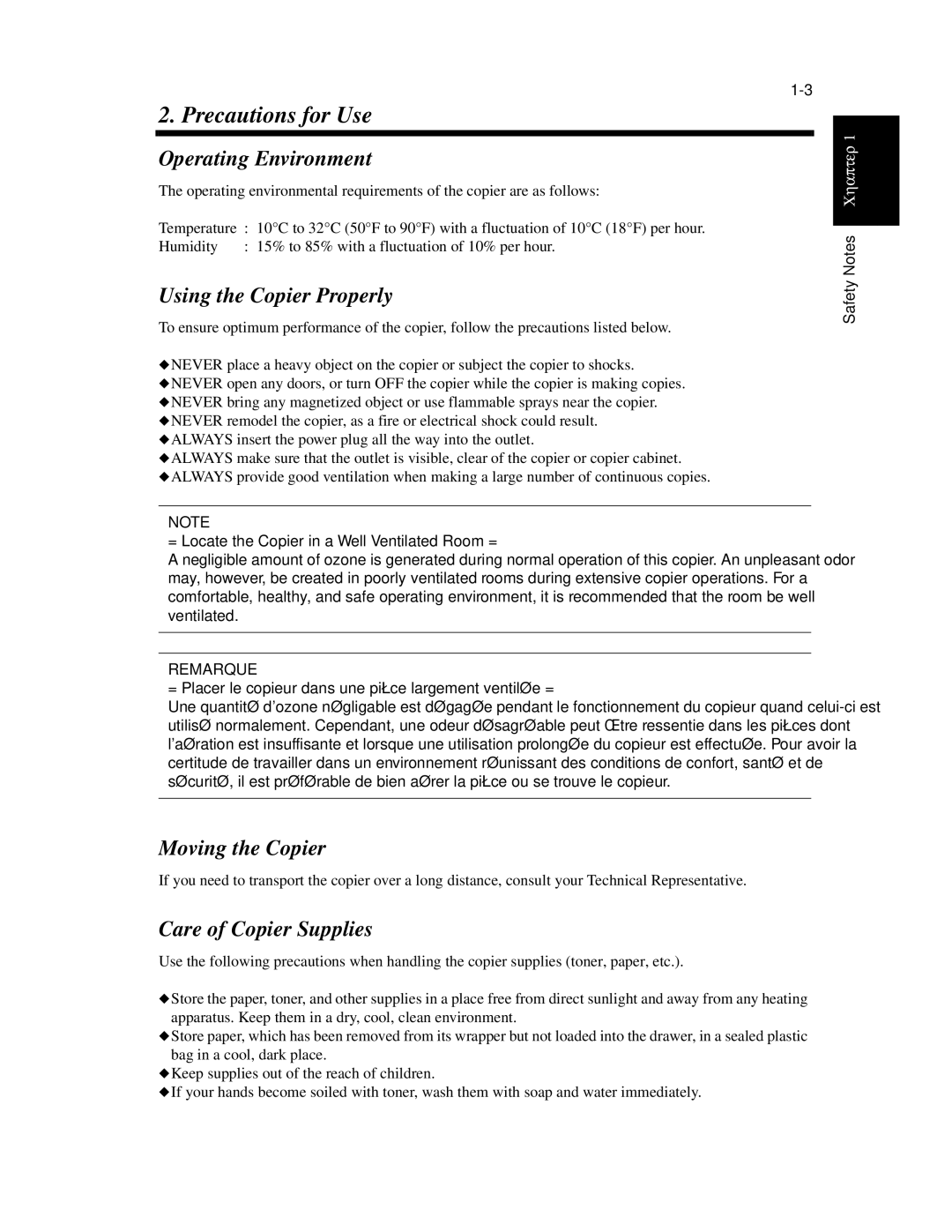 Minolta Di620 manual Precautions for Use, Operating Environment, Using the Copier Properly, Moving the Copier 