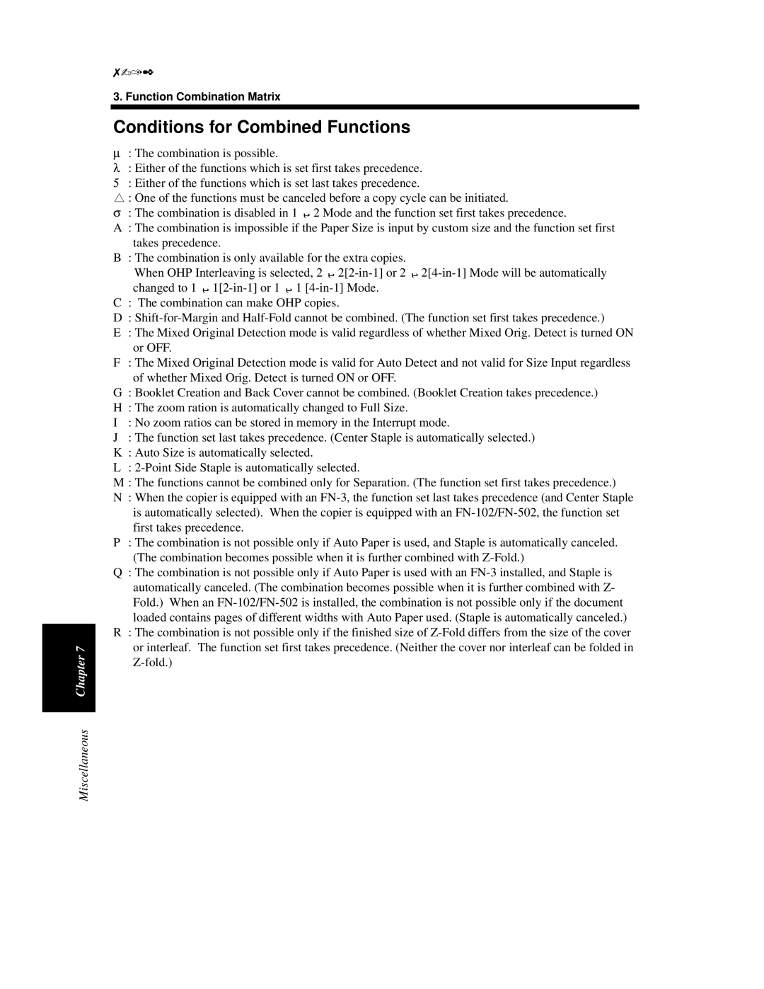 Minolta Di620 manual Conditions for Combined Functions 