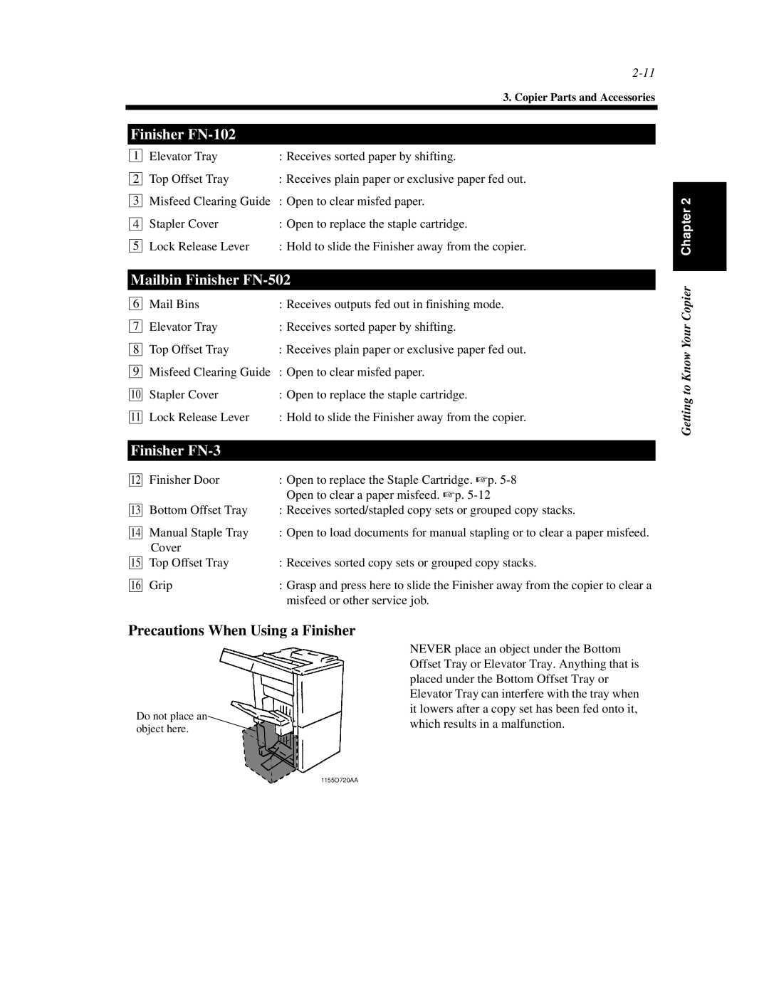 Minolta Di620 manual Finisher FN-102, Mailbin Finisher FN-502, Finisher FN-3, Precautions When Using a Finisher 