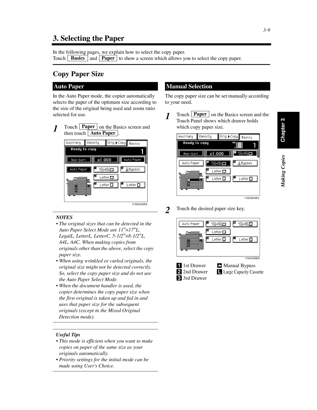 Minolta Di620 manual Selecting the Paper, Copy Paper Size, Auto Paper, Manual Selection 