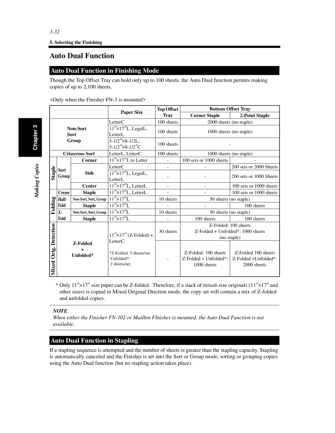 Minolta Di620 manual Auto Dual Function in Finishing Mode, Auto Dual Function in Stapling 