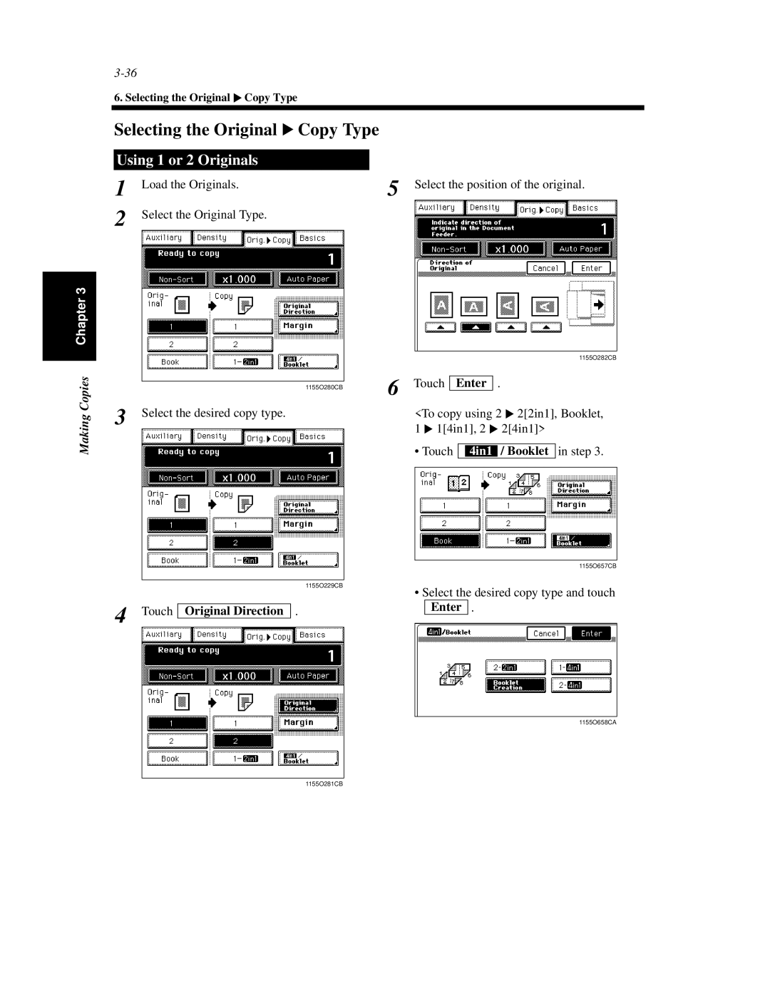 Minolta Di620 manual Selecting the Original Copy Type, Using 1 or 2 Originals, Touch Original Direction, Booklet 