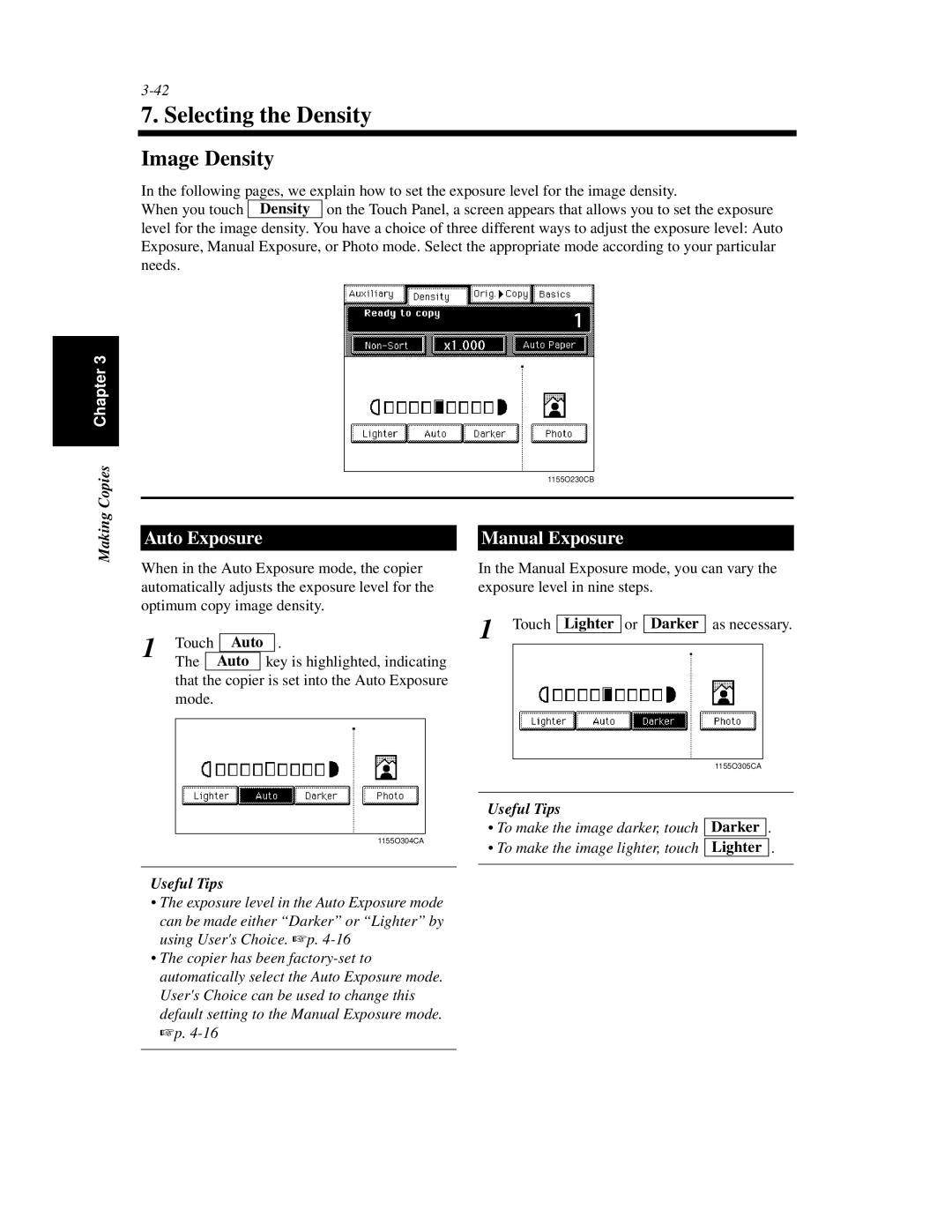 Minolta Di620 manual Selecting the Density, Image Density, Auto Exposure, Manual Exposure 