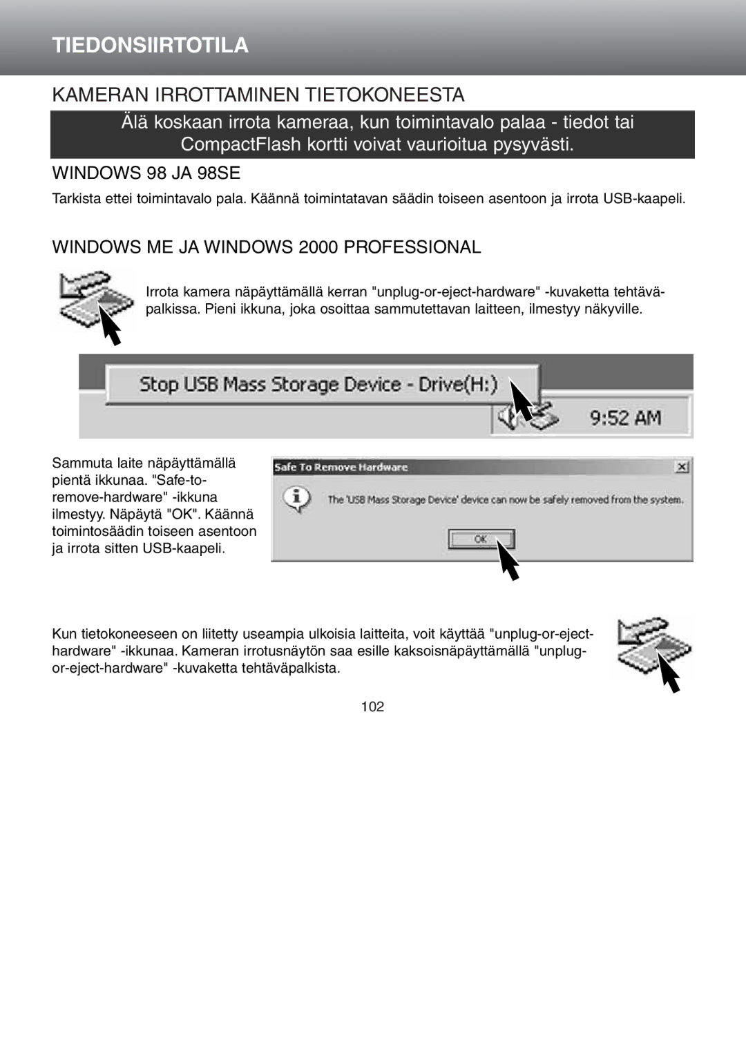 Minolta Dimage S 304 instruction manual Windows 98 JA 98SE, Windows ME JA Windows 2000 Professional 