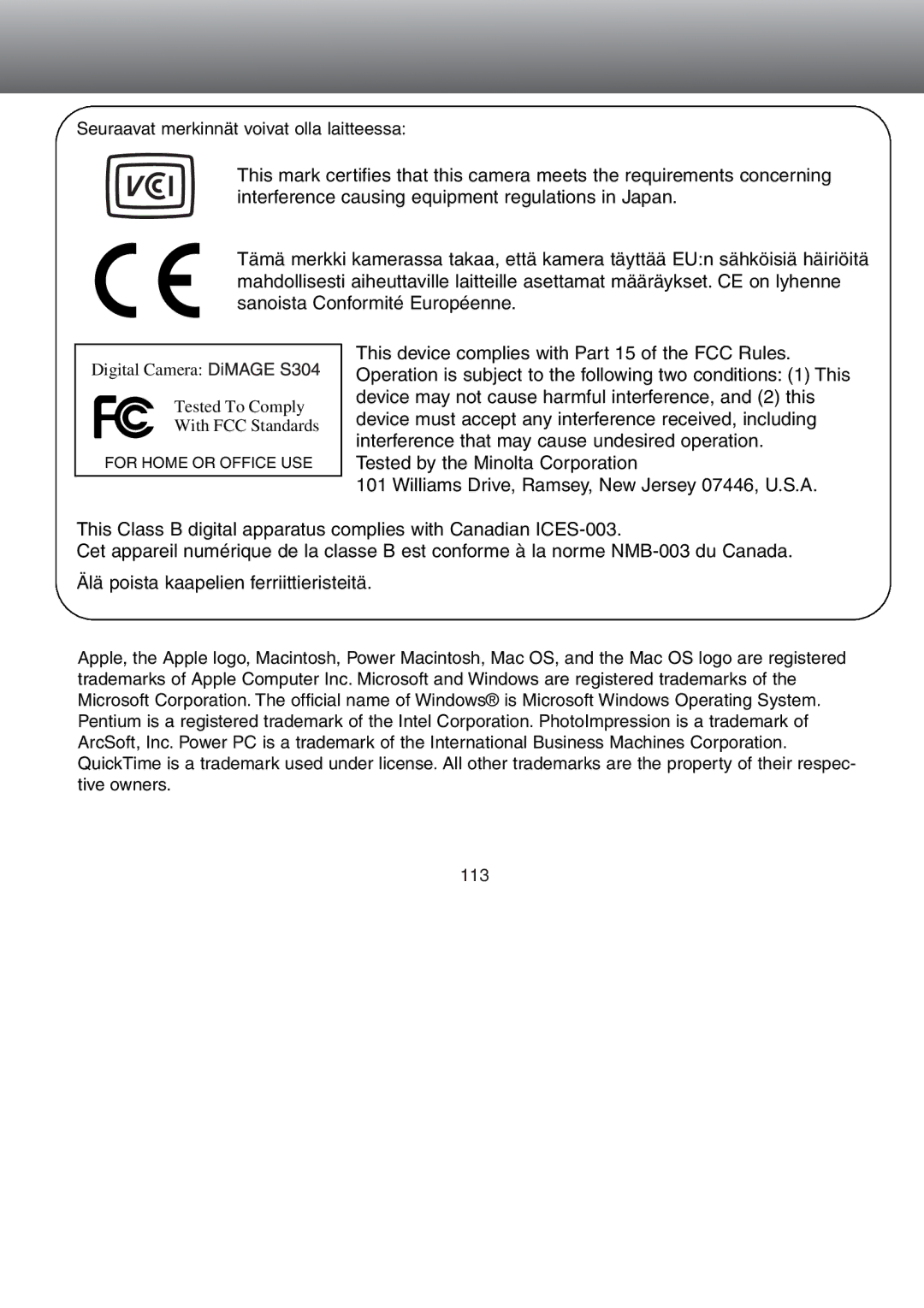 Minolta Dimage S 304 instruction manual 113 