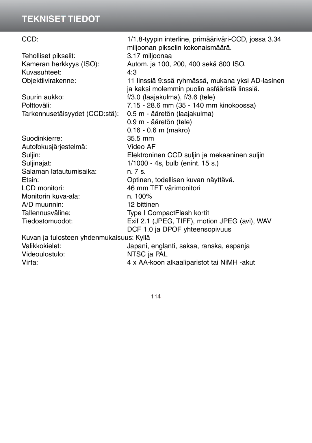 Minolta Dimage S 304 instruction manual Tekniset Tiedot, Ccd 