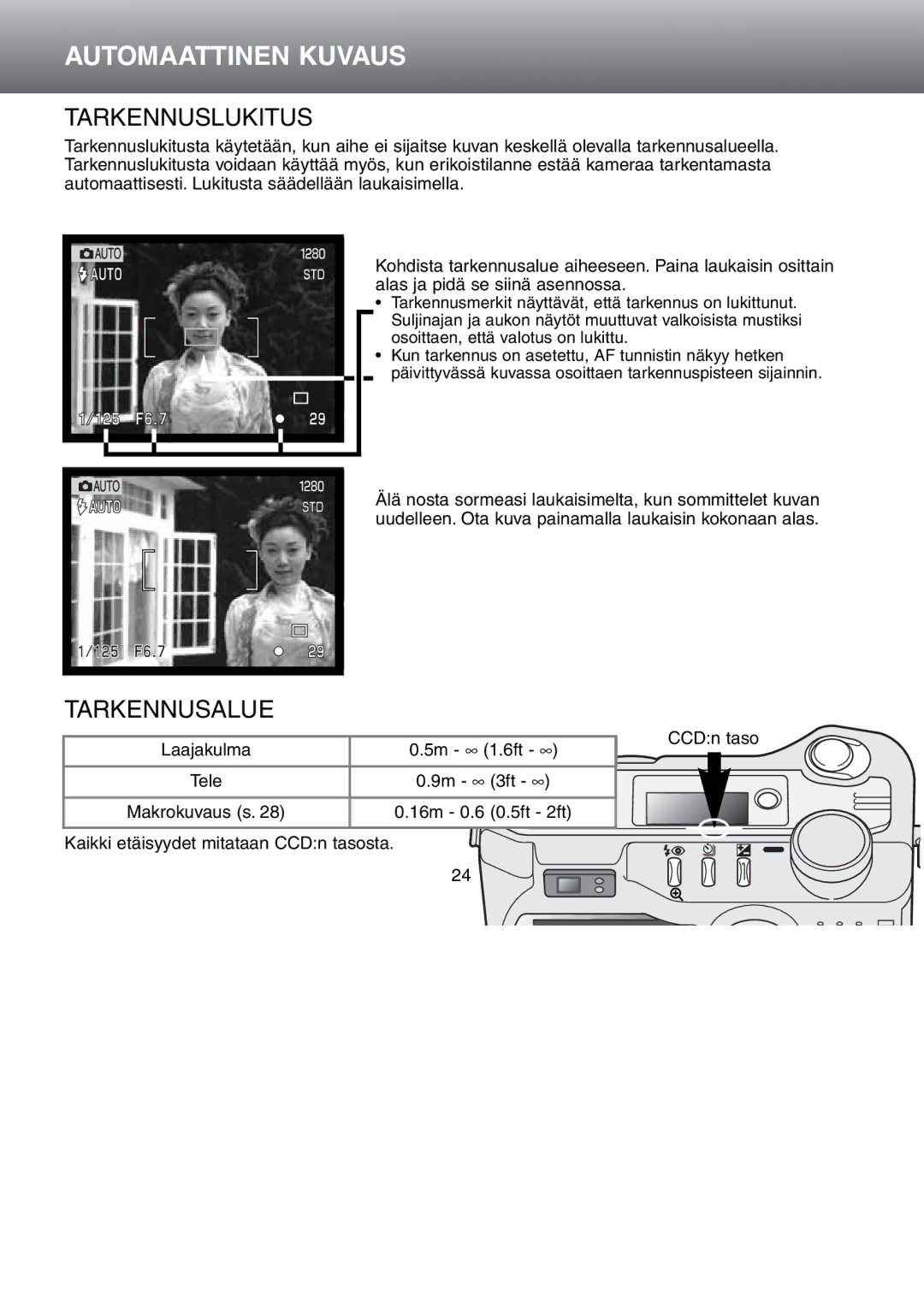 Minolta Dimage S 304 instruction manual Tarkennuslukitus, Tarkennusalue 