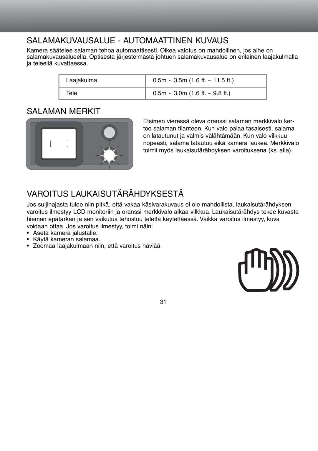 Minolta Dimage S 304 Salamakuvausalue Automaattinen Kuvaus, Salaman Merkit, Varoitus Laukaisutärähdyksestä 