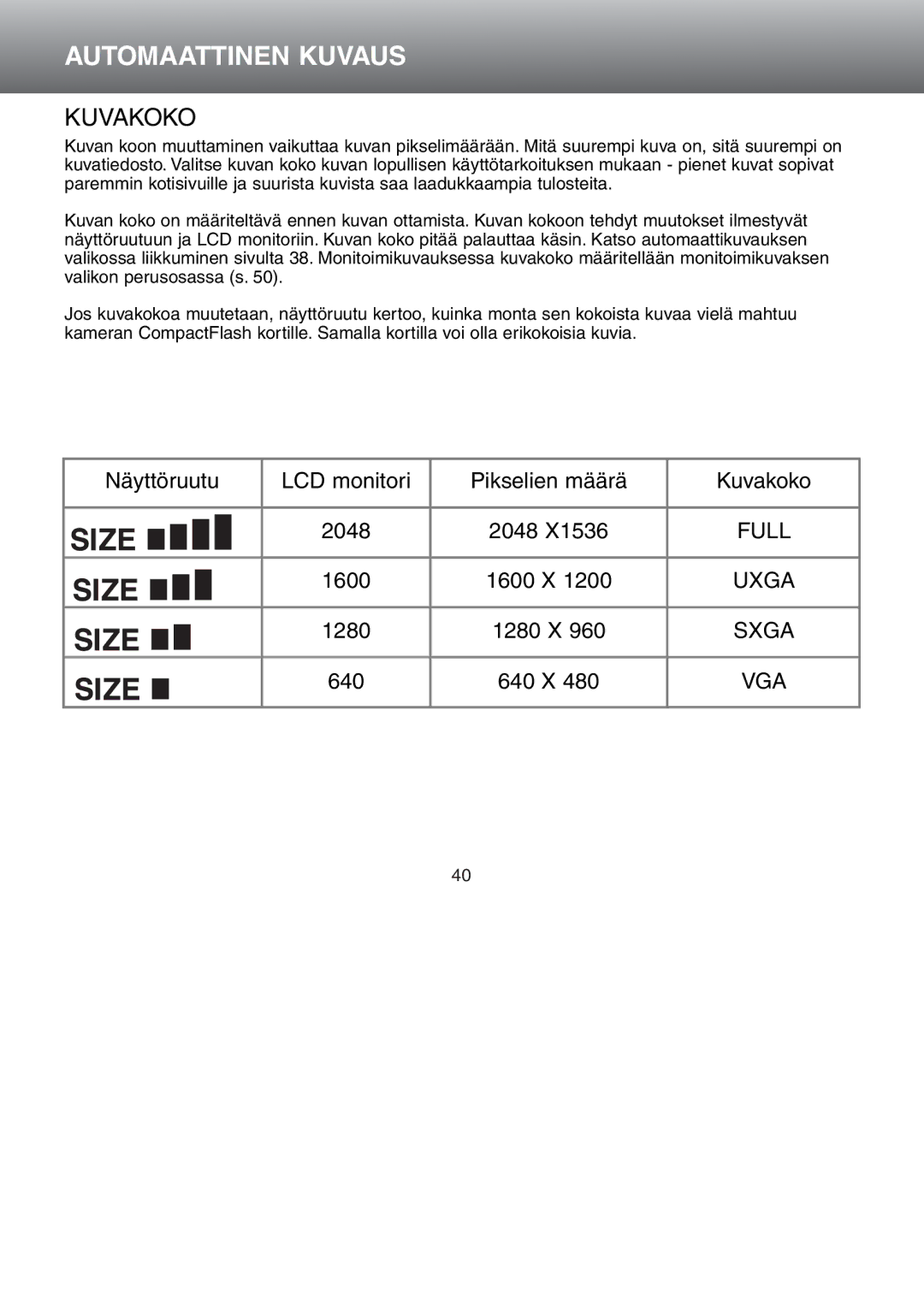 Minolta Dimage S 304 instruction manual Kuvakoko, Full, Uxga, Sxga, Vga 