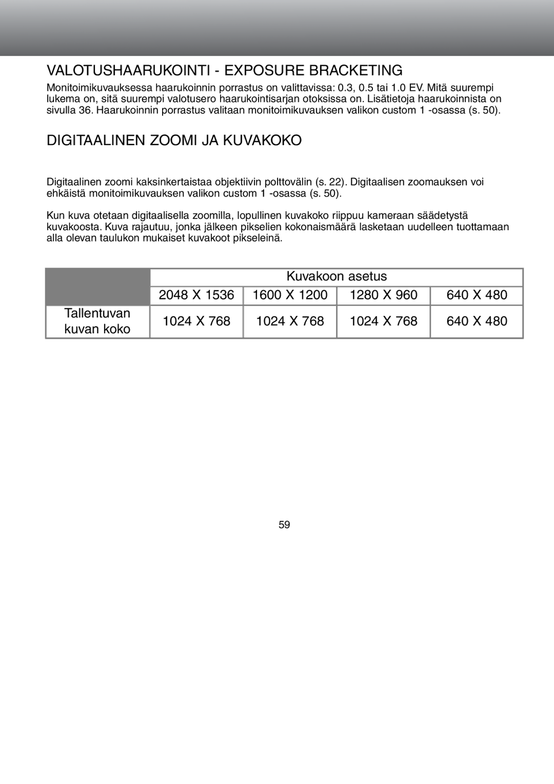 Minolta Dimage S 304 instruction manual Valotushaarukointi Exposure Bracketing, Digitaalinen Zoomi JA Kuvakoko 