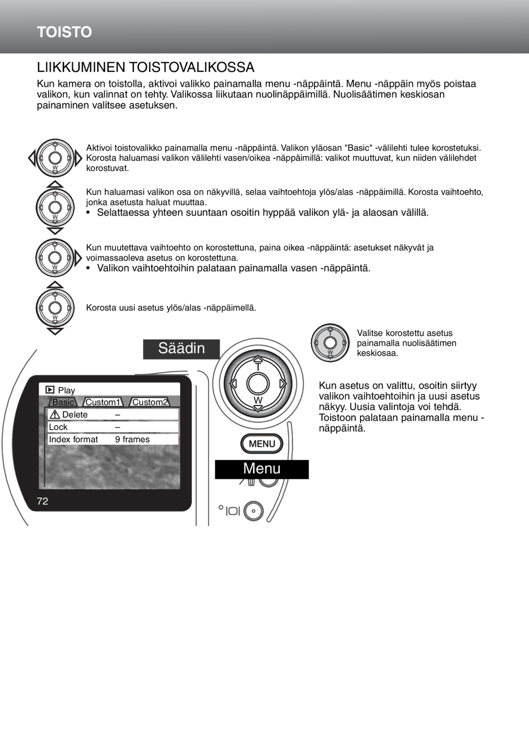 Minolta Dimage S 304 instruction manual Liikkuminen Toistovalikossa 