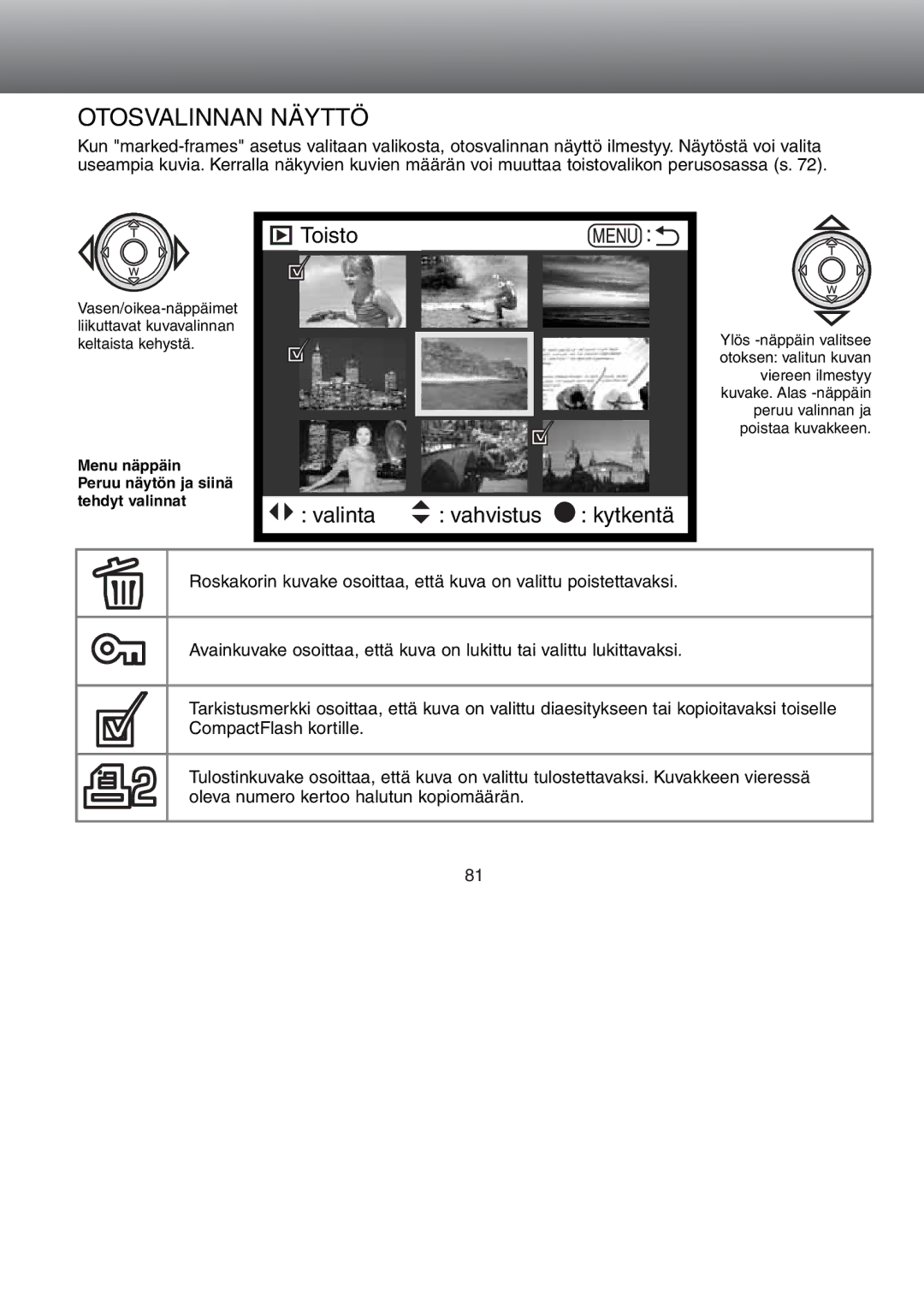 Minolta Dimage S 304 instruction manual Otosvalinnan Näyttö, Toisto Valinta Vahvistus Kytkentä 