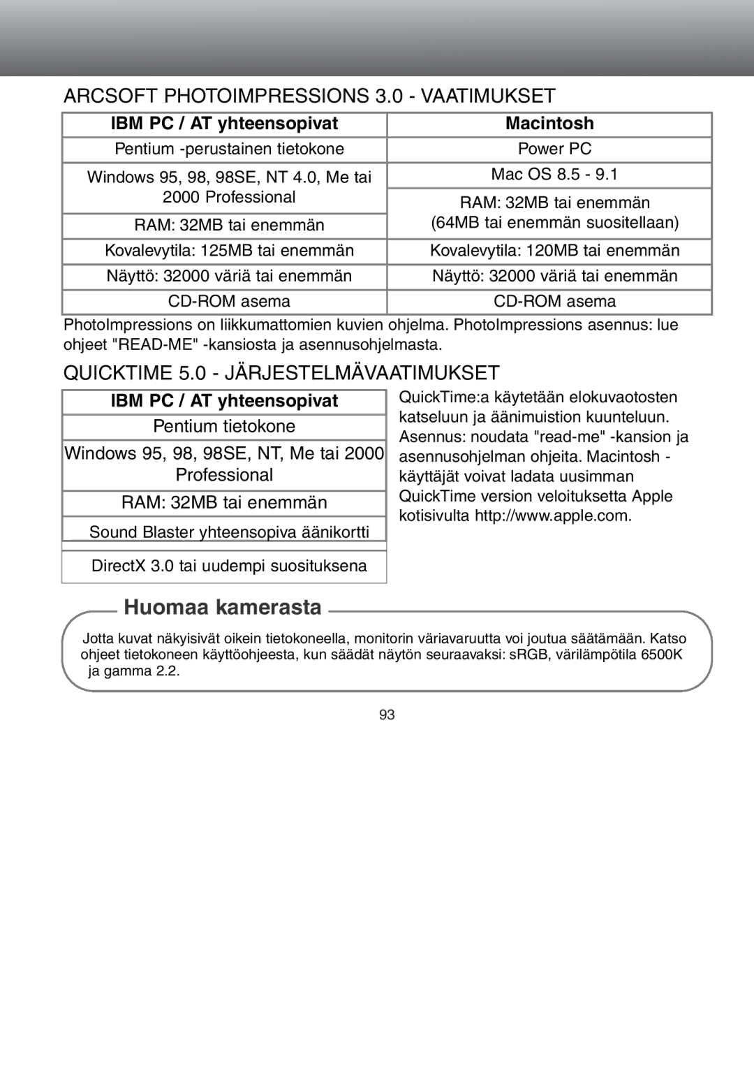 Minolta Dimage S 304 instruction manual Arcsoft Photoimpressions 3.0 Vaatimukset, Quicktime 5.0 Järjestelmävaatimukset 