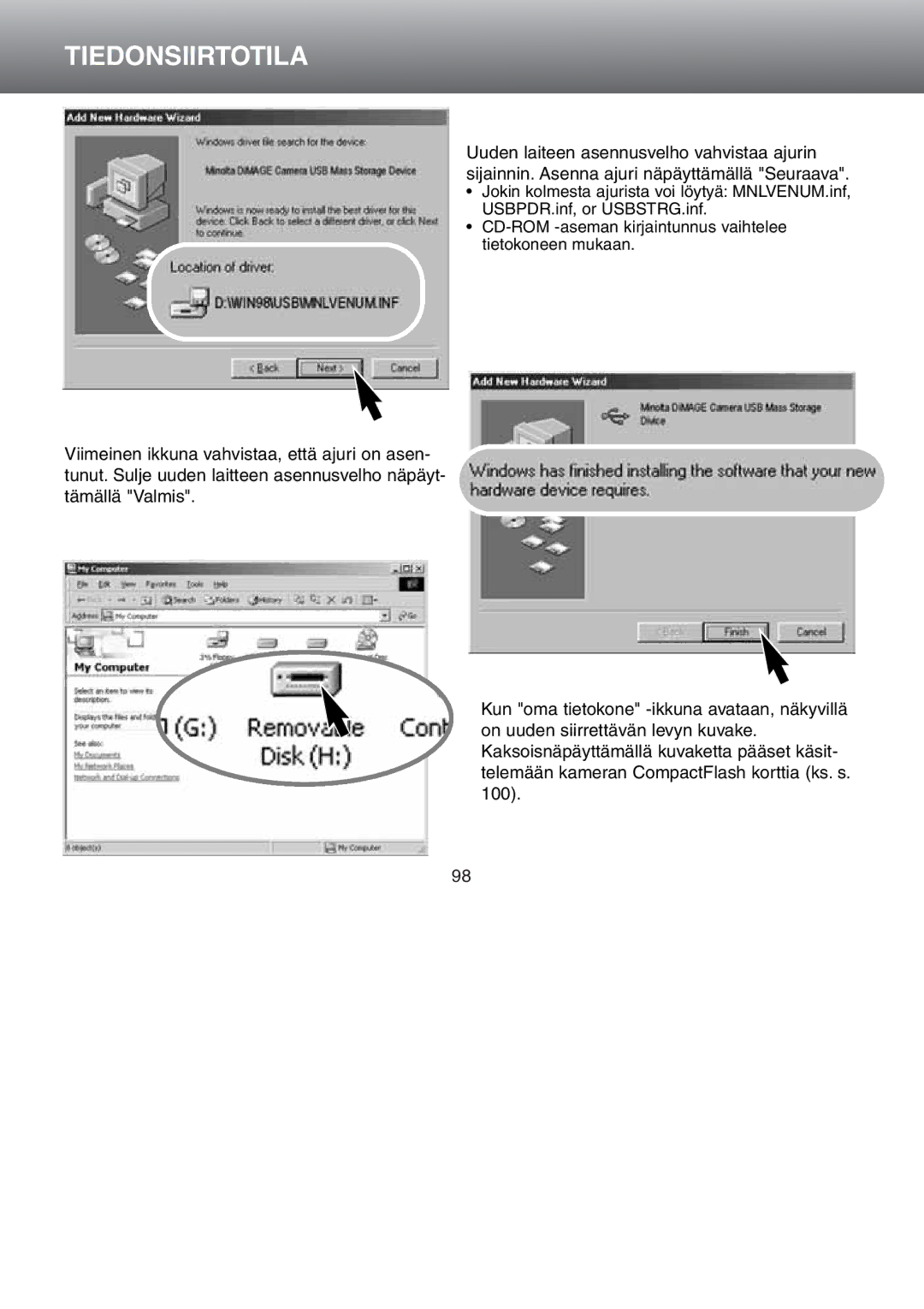 Minolta Dimage S 304 instruction manual Tiedonsiirtotila 