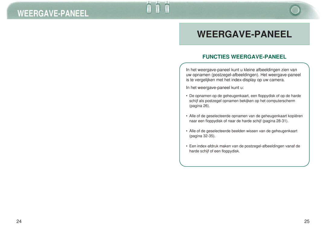 Minolta Dimage V manual Weergave-Paneel, Functies WEERGAVE-PANEEL 