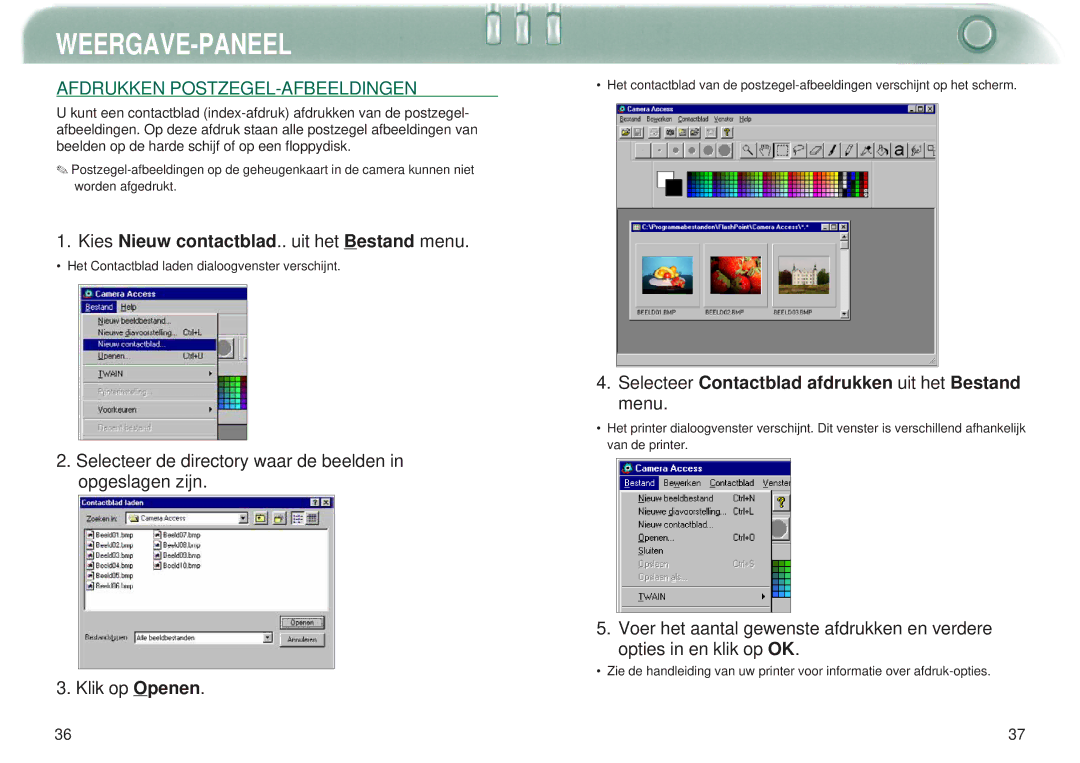 Minolta Dimage V manual Kies Nieuw contactblad.. uit het Bestand menu, Selecteer Contactblad afdrukken uit het Bestand menu 