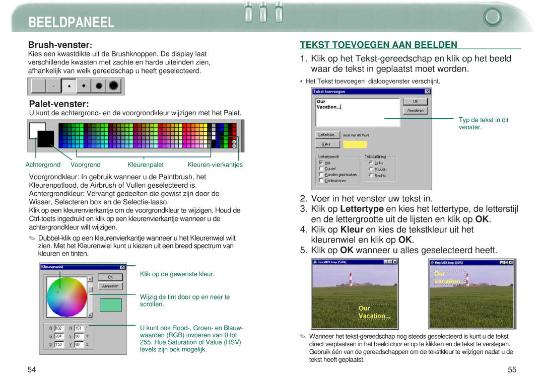 Minolta Dimage V manual Brush-venster, Palet-venster, Tekst Toevoegen AAN Beelden, Voer in het venster uw tekst 