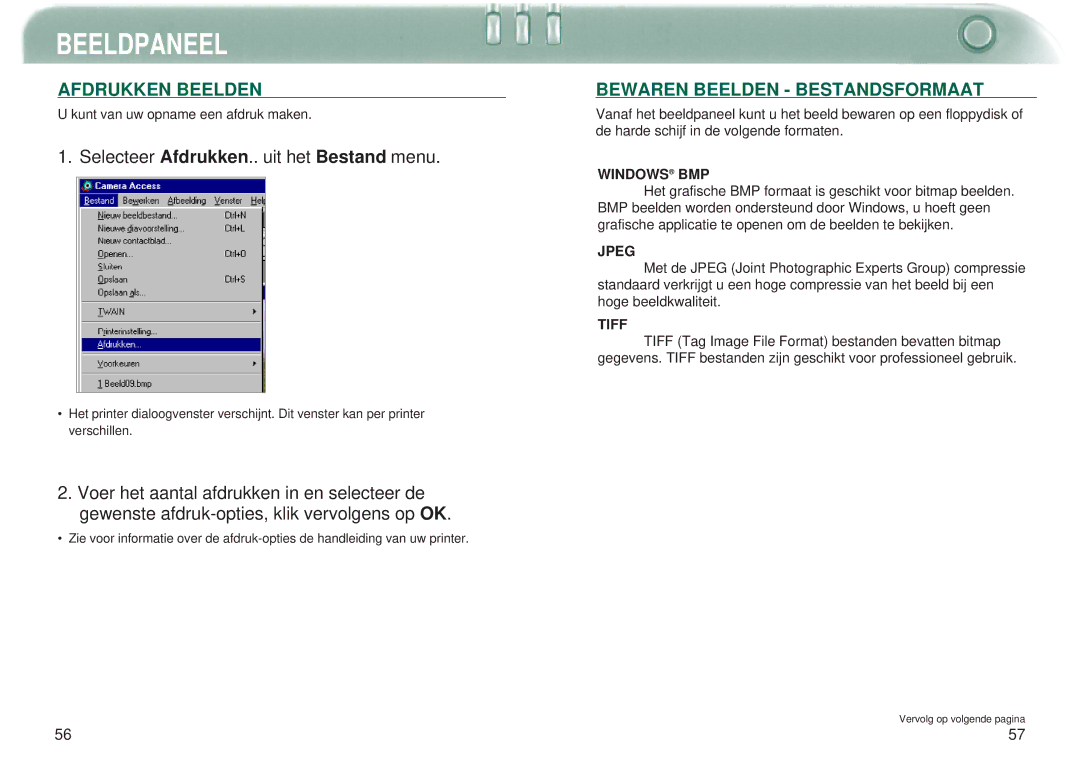 Minolta Dimage V manual Afdrukken Beelden, Selecteer Afdrukken.. uit het Bestand menu, Bewaren Beelden Bestandsformaat 