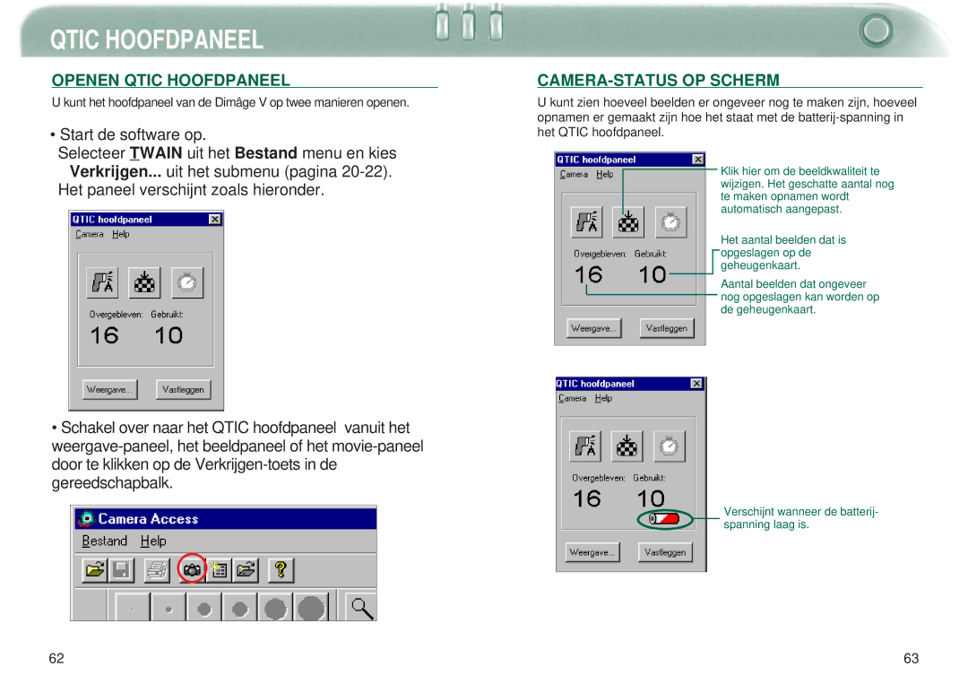 Minolta Dimage V manual Openen Qtic Hoofdpaneel, Start de software op, Het paneel verschijnt zoals hieronder 