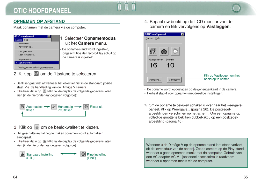 Minolta Dimage V manual Opnemen OP Afstand, Klik op om de flitsstand te selecteren, Klik op om de beeldkwaliteit te kiezen 