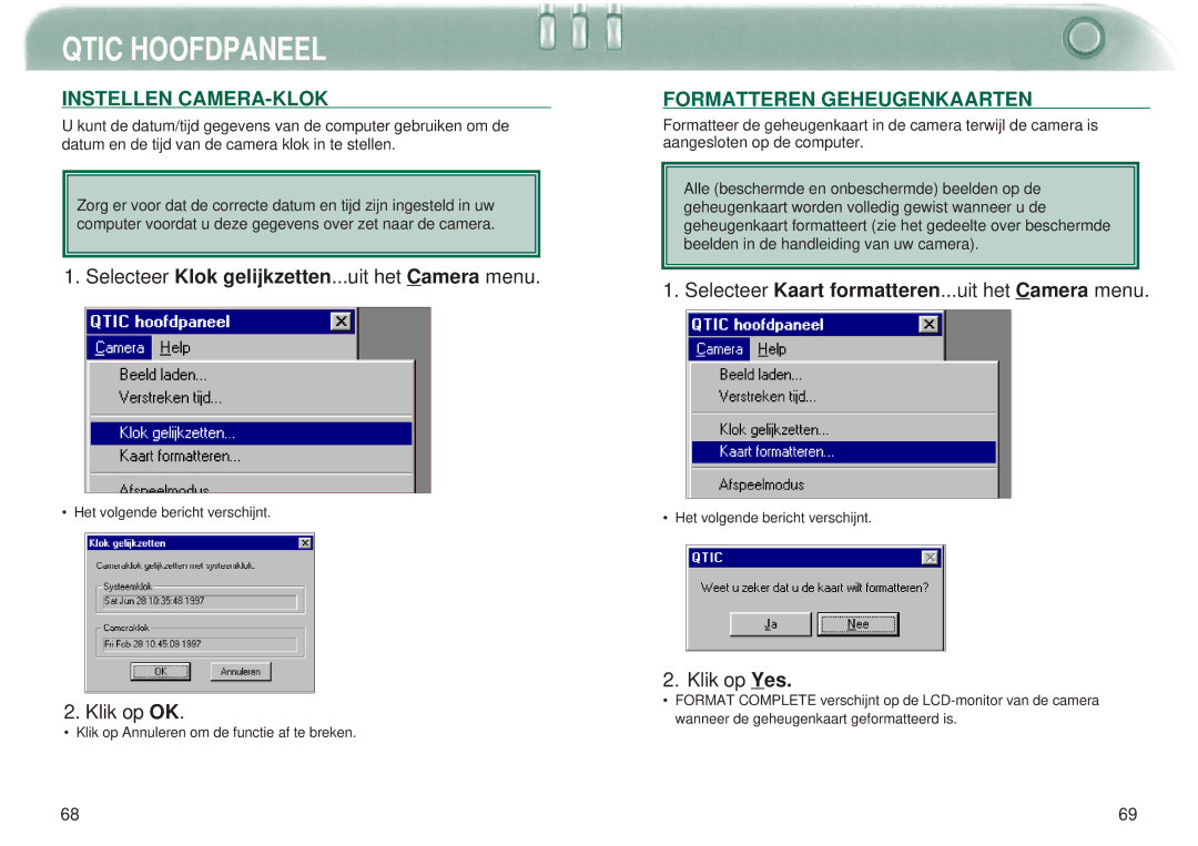 Minolta Dimage V Instellen CAMERA-KLOK, Selecteer Klok gelijkzetten...uit het Camera menu, Formatteren Geheugenkaarten 