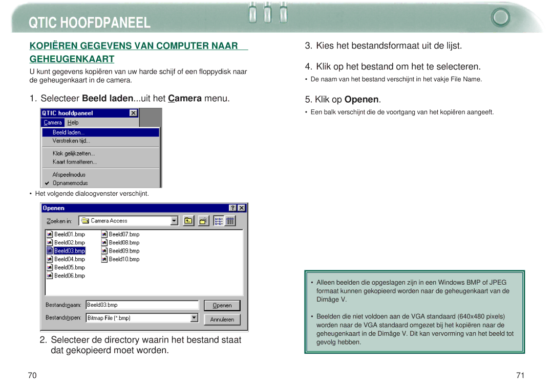 Minolta Dimage V manual Kopiëren Gegevens VAN Computer Naar Geheugenkaart, Selecteer Beeld laden...uit het Camera menu 